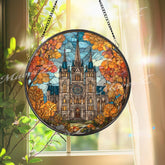 Cathedral Stained Glass Suncatcher, Round Gothic Church Window Panel with Autumn Trees, Architecture Landmark Glass Art Home Decor Gift
